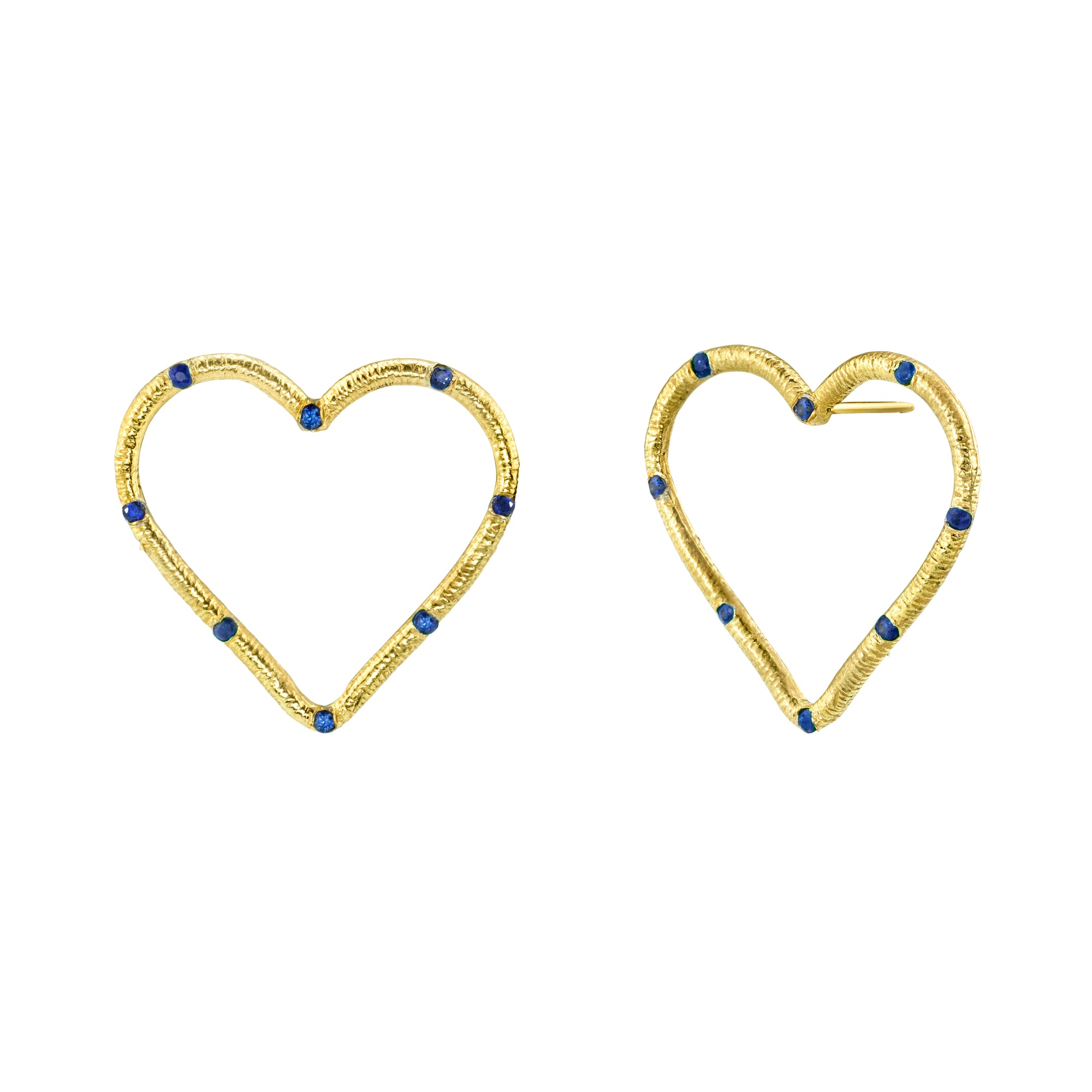 Large Textured Heart Stud Earrings with Precious Gemstones