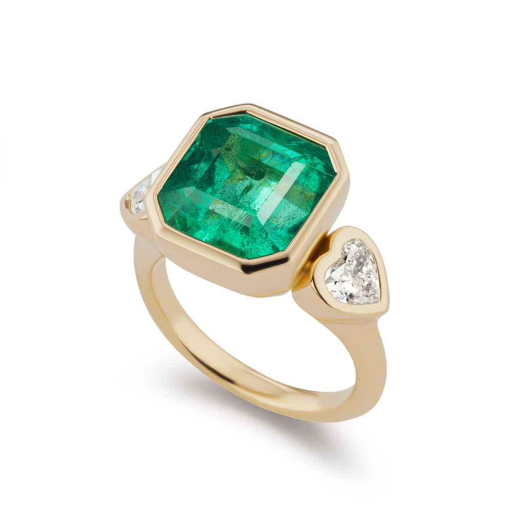 One-of-a-Kind Emerald Ring with Diamond Heart Sides