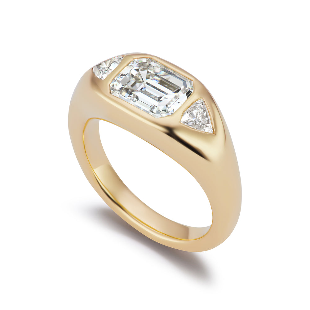 One-of-a-Kind Emerald-Cut Diamond Gypsy Ring with Trillion Diamond Sides