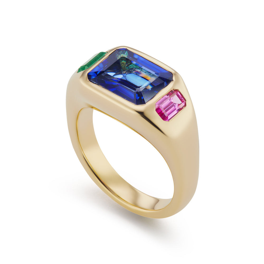 One-of-a-Kind Blue Sapphire Gypsy Ring with Emerald and Pink Topaz Sides