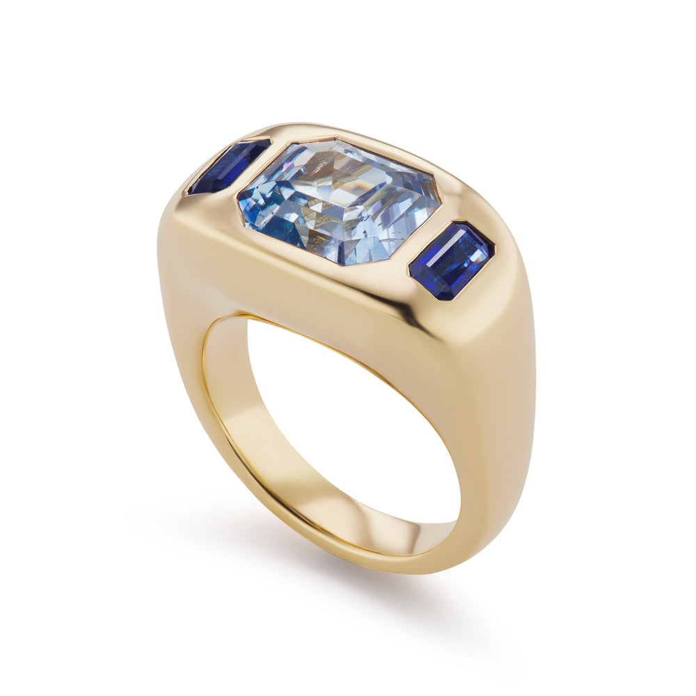 One-of-a-Kind Blue Sapphire Gypsy Ring with Baguette Sides