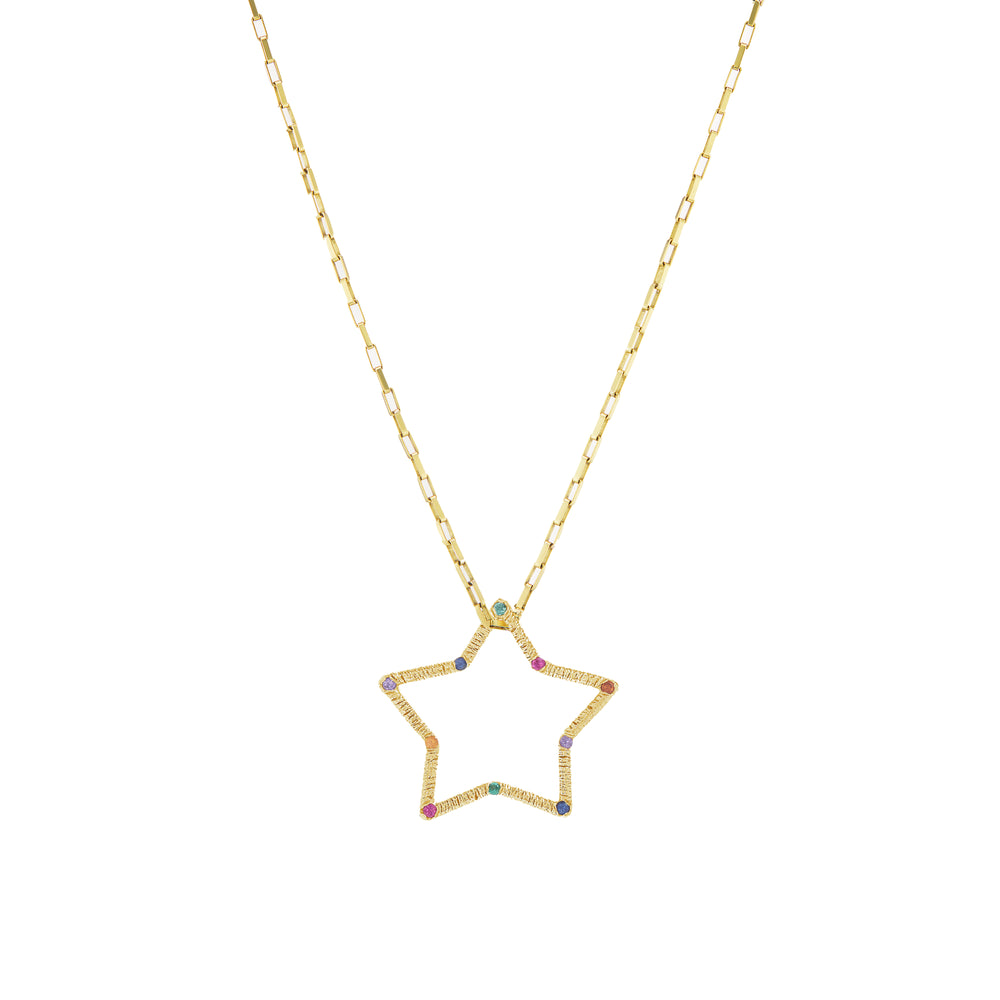 Textured Star Pendant with Gemstones on 18" Chain