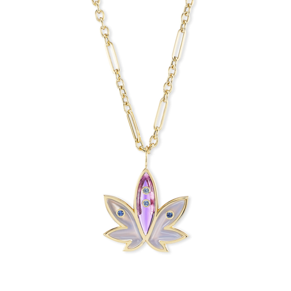 Brent Neale x Edie Parker: Carved Blue Chalcedony & Amethyst Cannabis Pendant