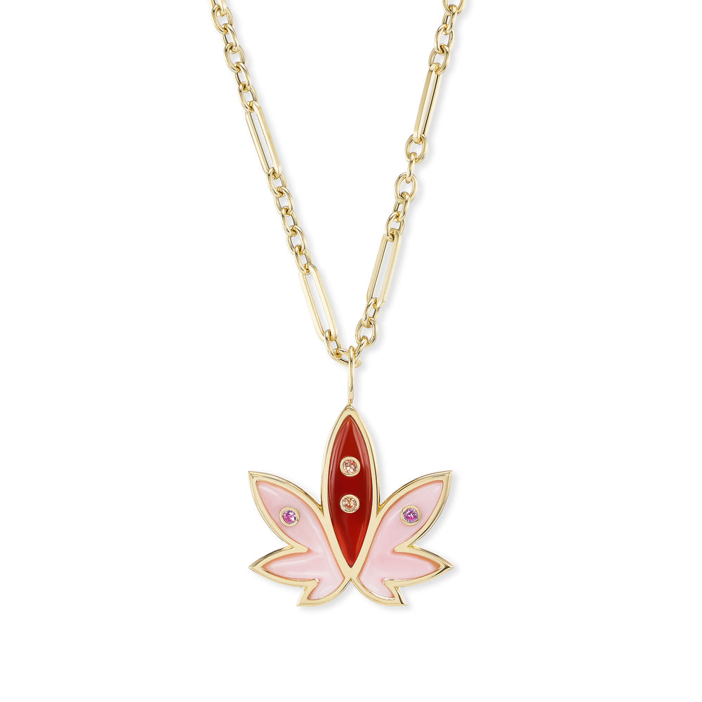 Brent Neale x Edie Parker: Carved Pink Opal & Carnelian Cannabis Pendant
