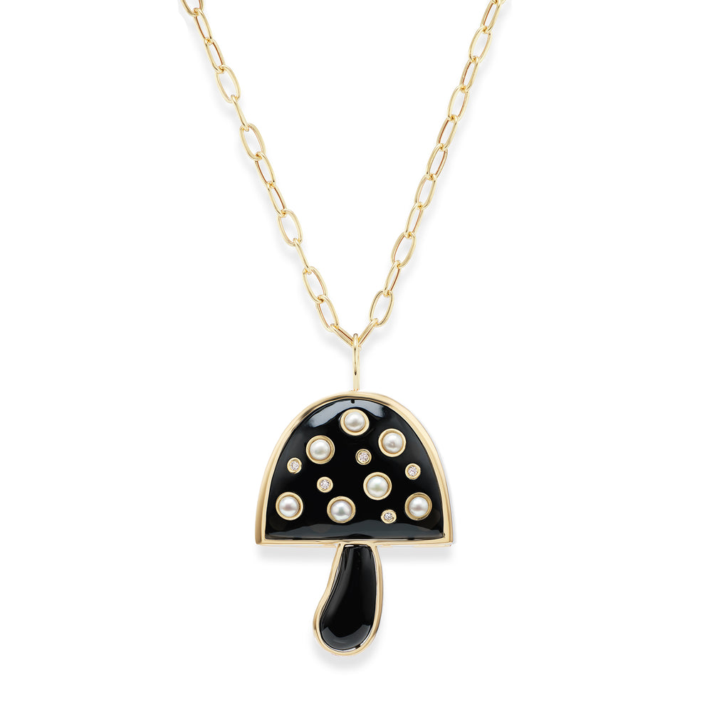 Large Magic Mushroom Pendant with Pearls and Diamonds on 18" Chain