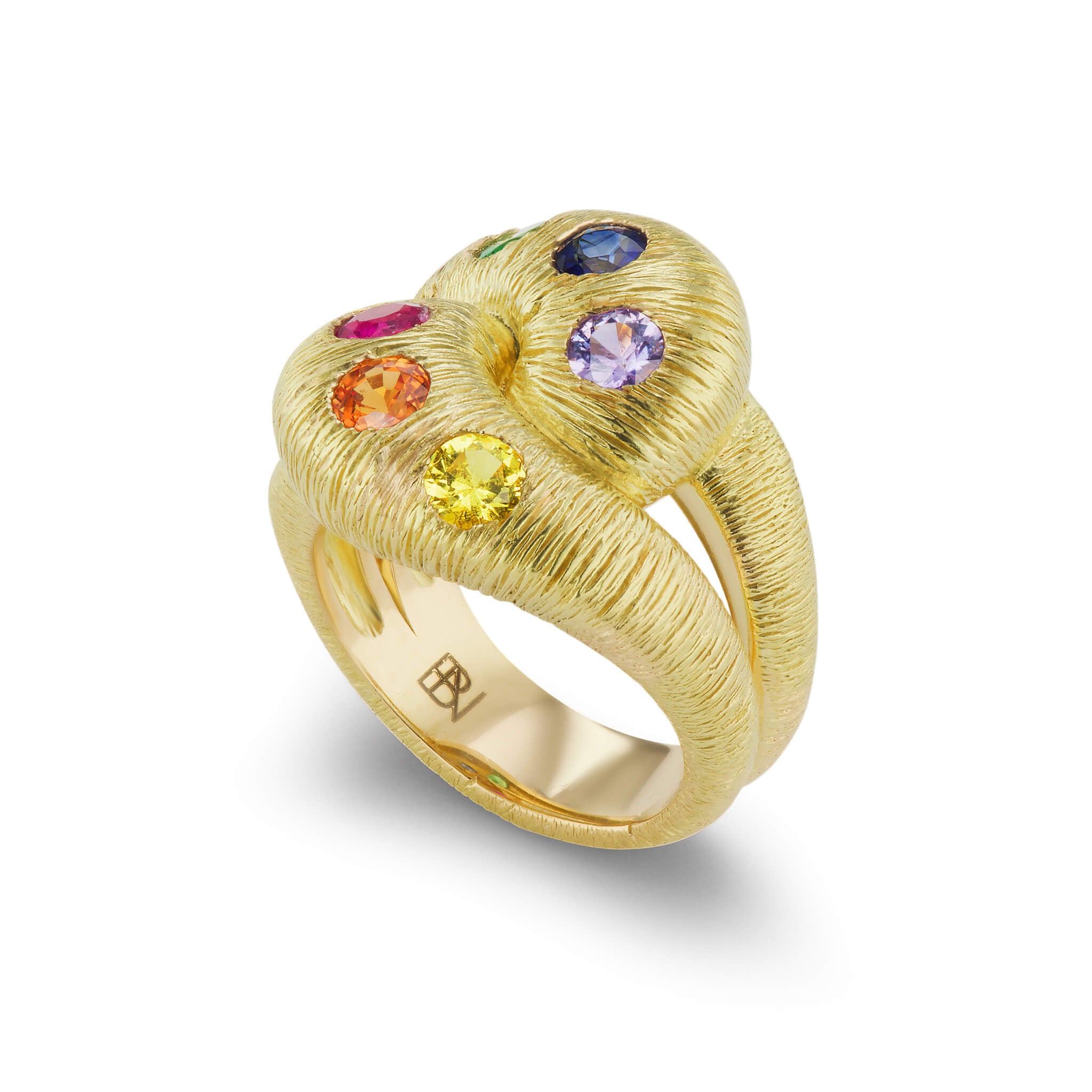 Textured Knot Ring with Multi-colored Sapphires