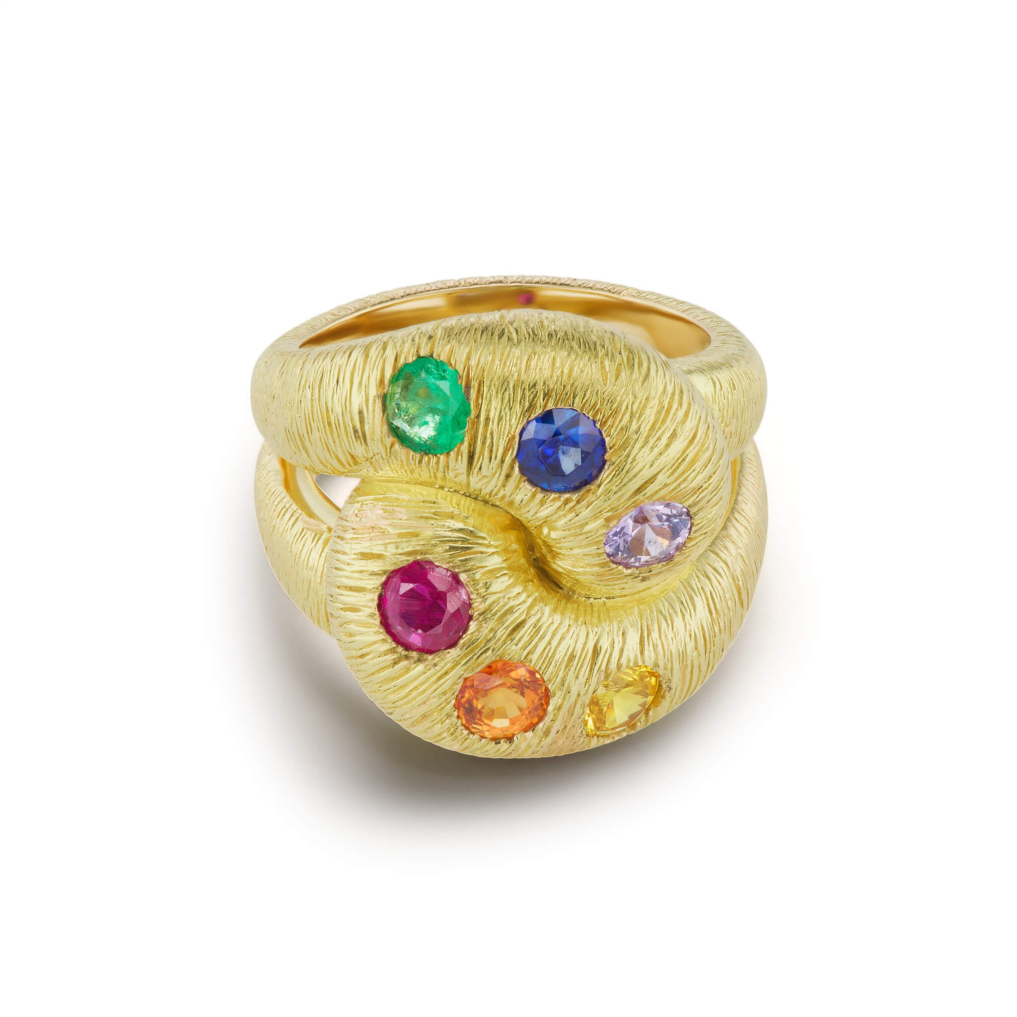 Textured Knot Ring with Multi-colored Sapphires