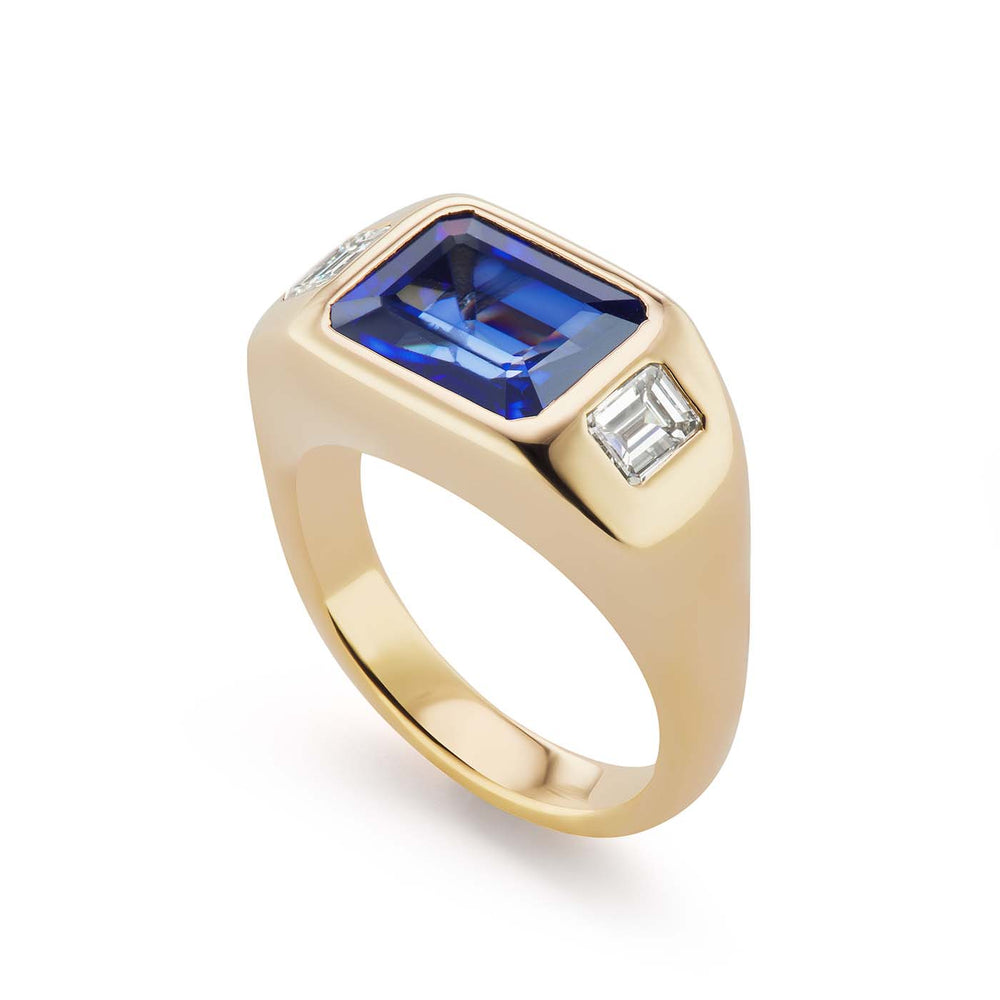 One-of-a-Kind Emerald Cut Sapphire Gypsy with Emerald Cut Diamond Sides