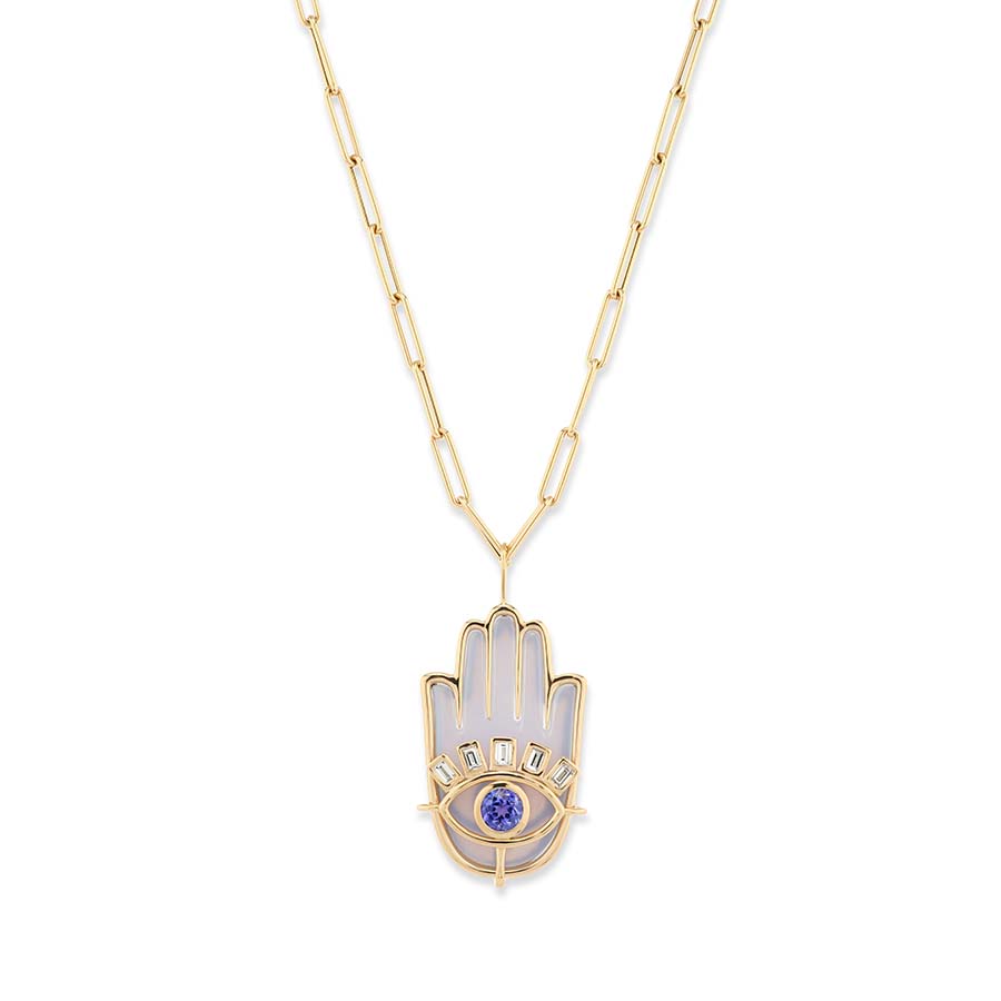Large Stone Hamsa Pendant with Colored Stone Eye and Diamond Lashes