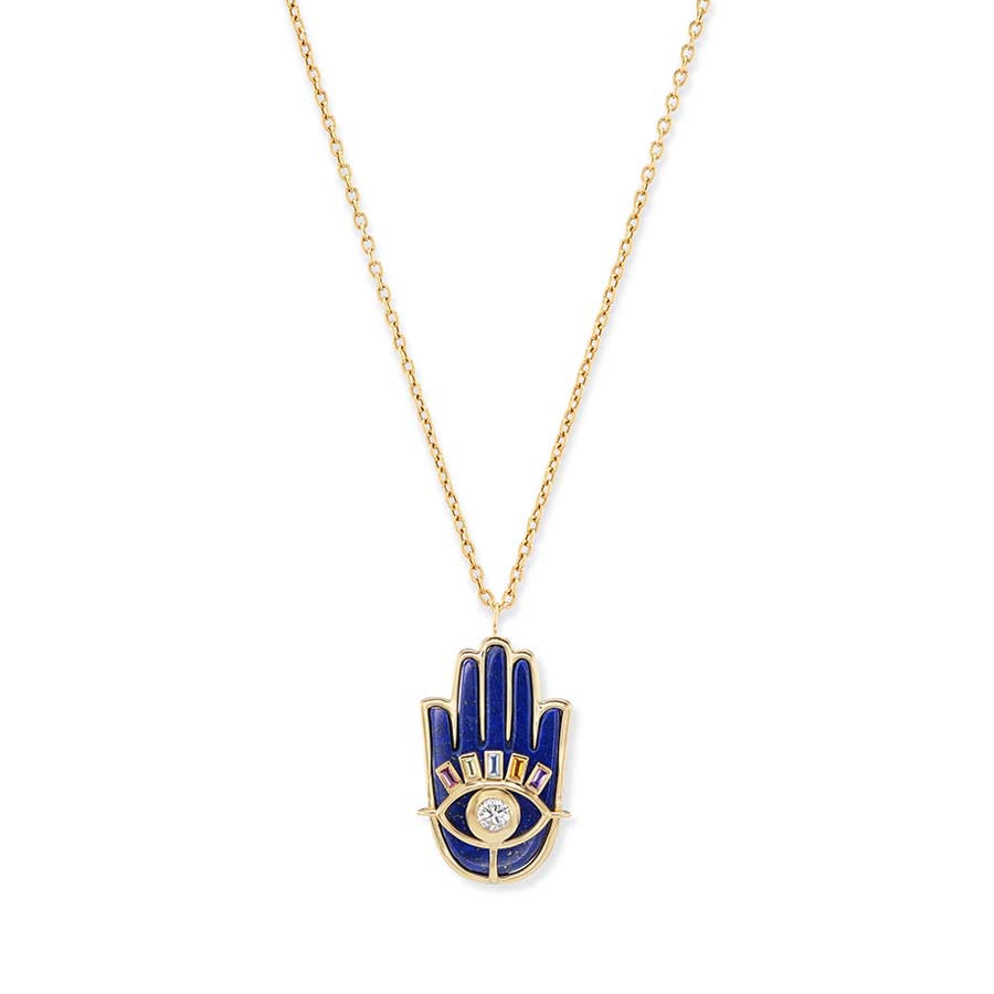 Stone Hamsa Pendant with Diamond Eye and Multi Stone Lashes