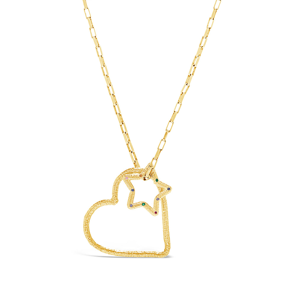 Large Heart and Star Textured Charm Necklace
