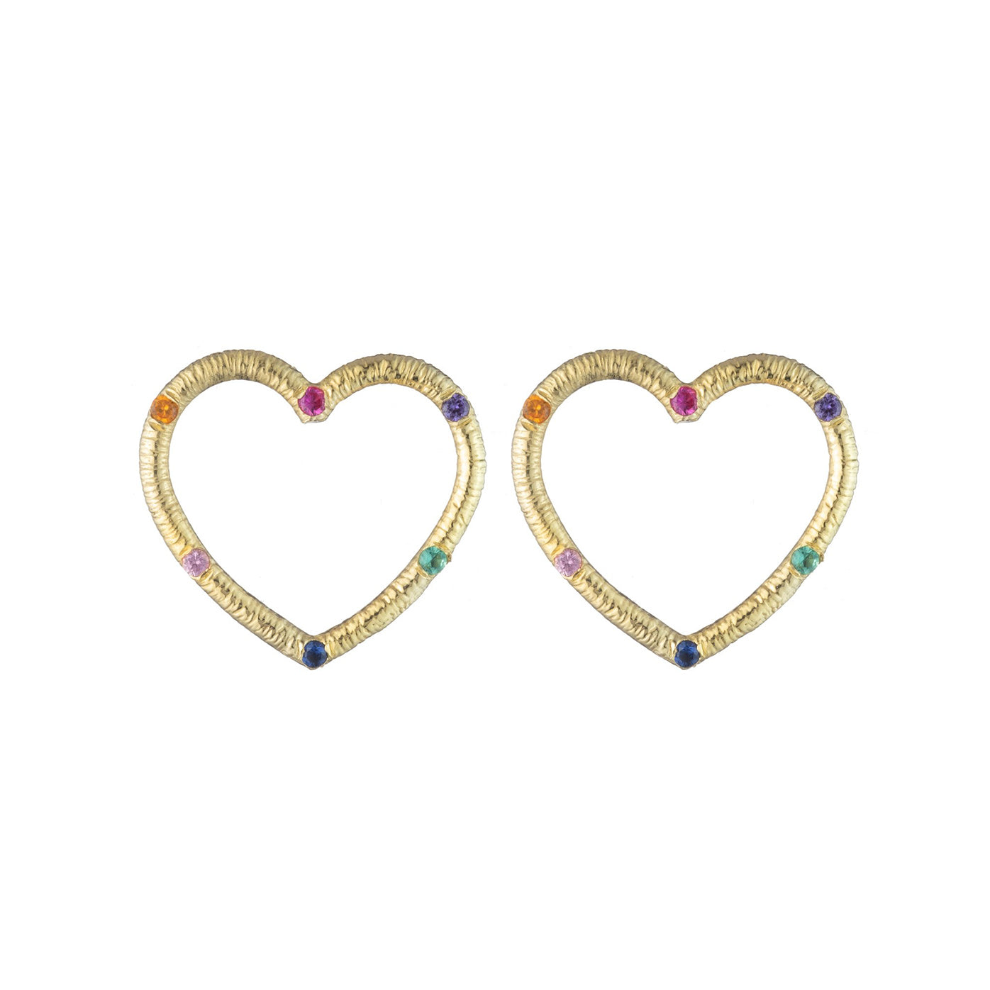 Medium Textured Heart Stud Earrings with Precious Gemstones