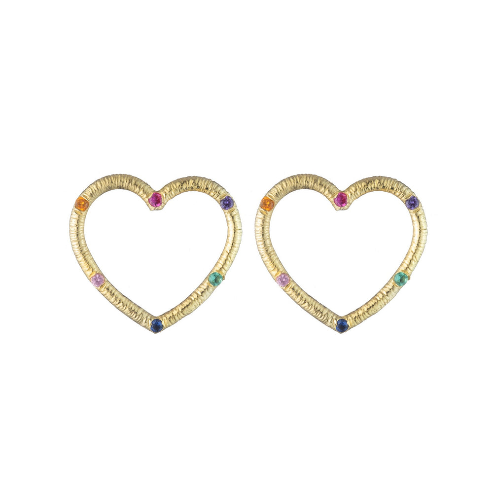 Medium Textured Heart Stud Earrings with Precious Gemstones