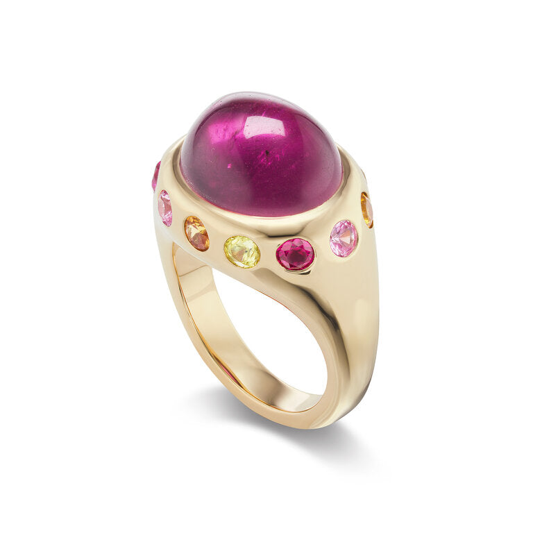 One-of-a-Kind Rubellite Crown Ring with Multi-Colored Sapphires