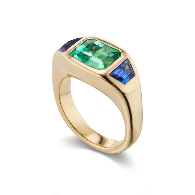 One-of-a-Kind Emerald Gypsy with Blue Sapphire Trapezoid Sides