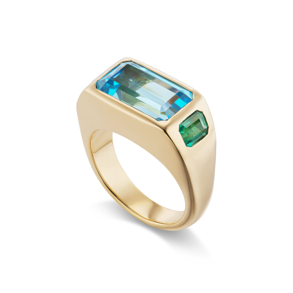 One-of-a-Kind Emerald-Cut Three Stone Gypsy with Blue Topaz and Emeralds