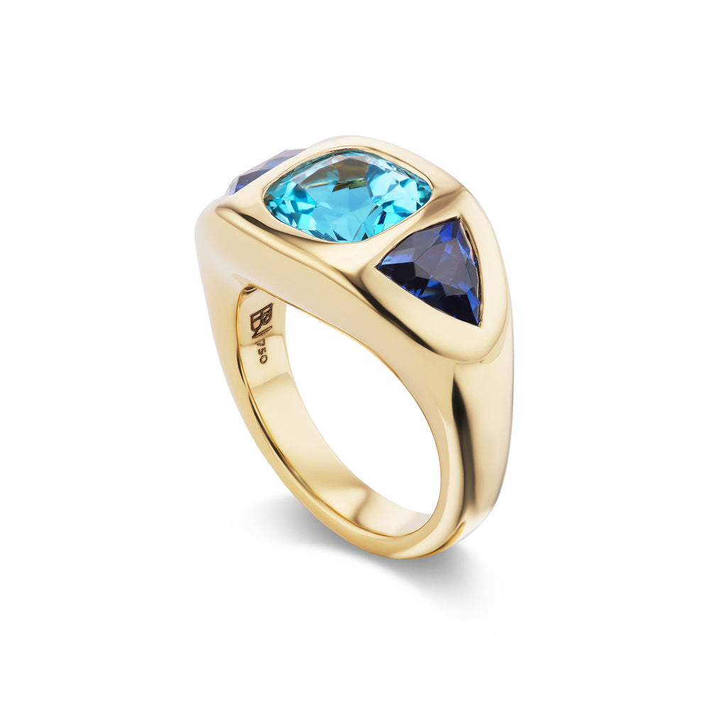 Cushion Blue Sapphire Gypsy Ring with Blue Sapphire Triangle Sides