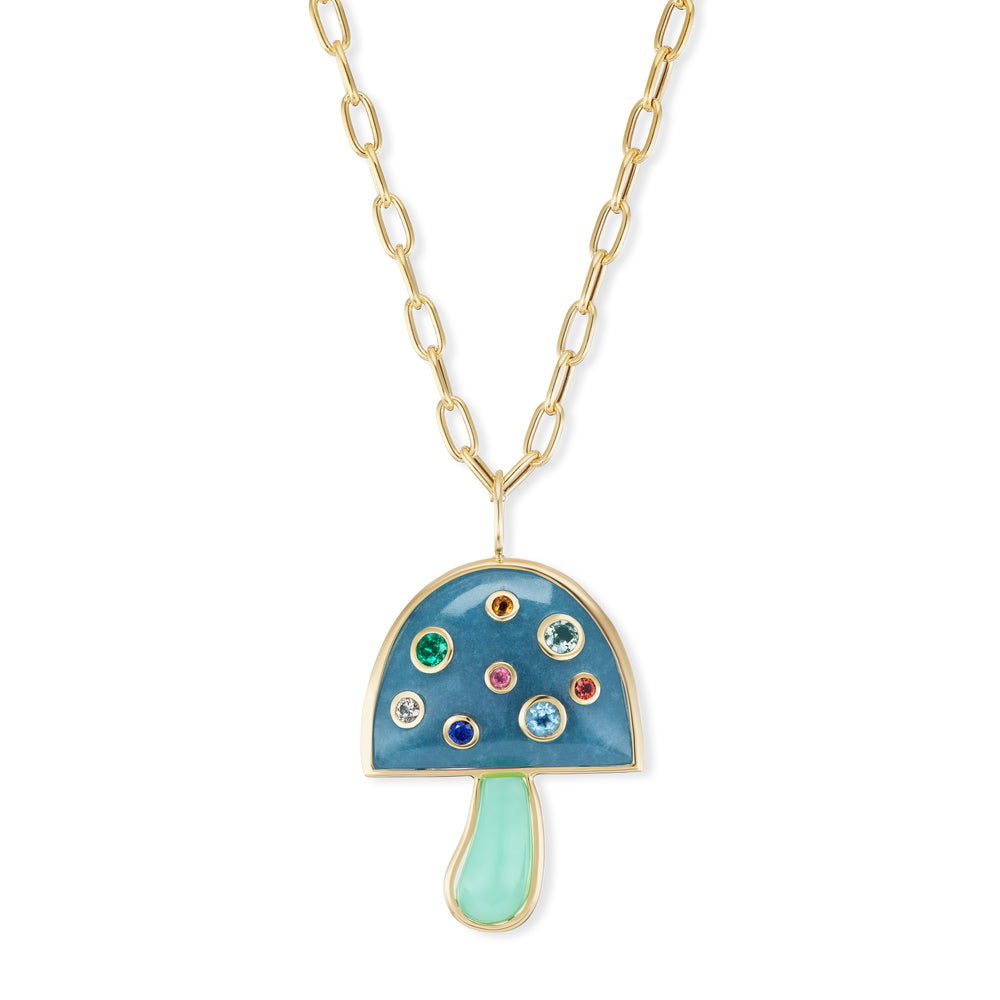 Large Magic Mushroom Pendant with Precious Stones on 18" Chain