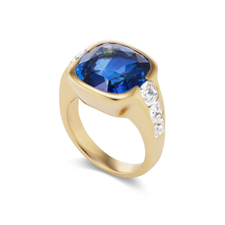 One-of-a-Kind Cushion Blue Sapphire Ring with Diamond Cushion Sides
