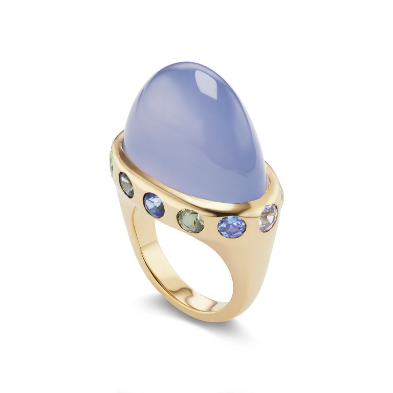 One-of-a-Kind Blue Chalcedony Crown Ring with Multi-Colored Sapphires