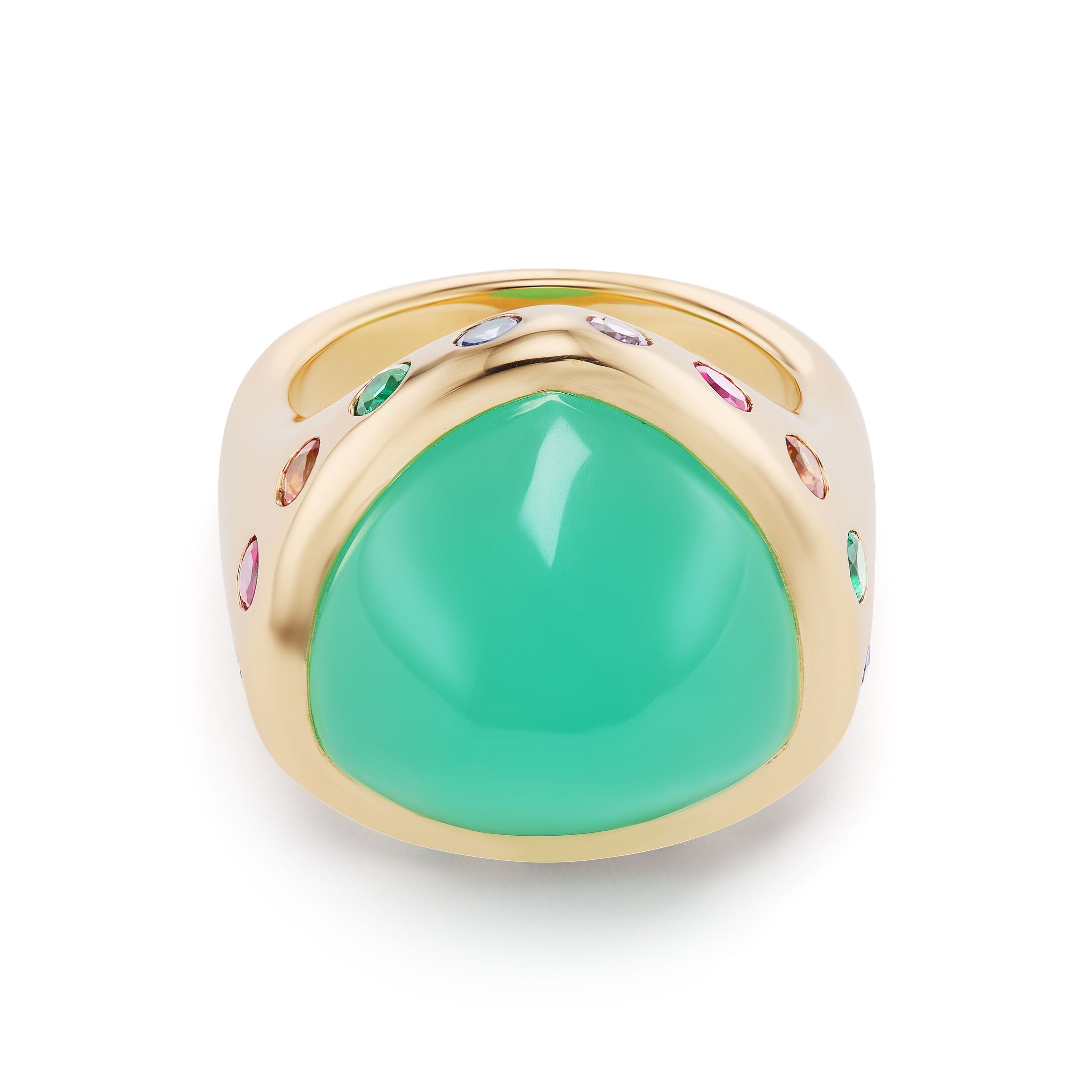 One-of-a-Kind Triangle Chrysoprase Crown Ring with Rainbow Stones