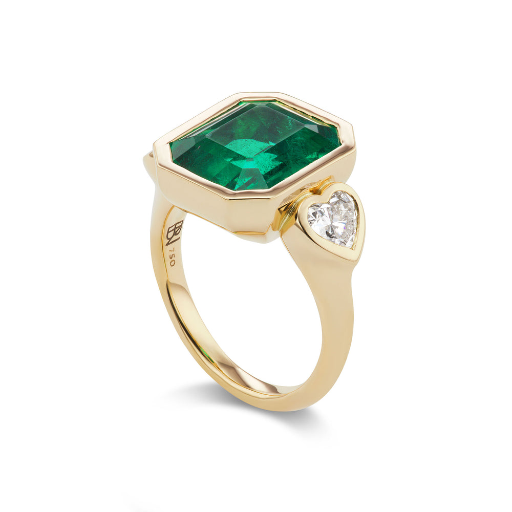 One-of-a-Kind Emerald Bezel Ring with Diamond Heart Sides
