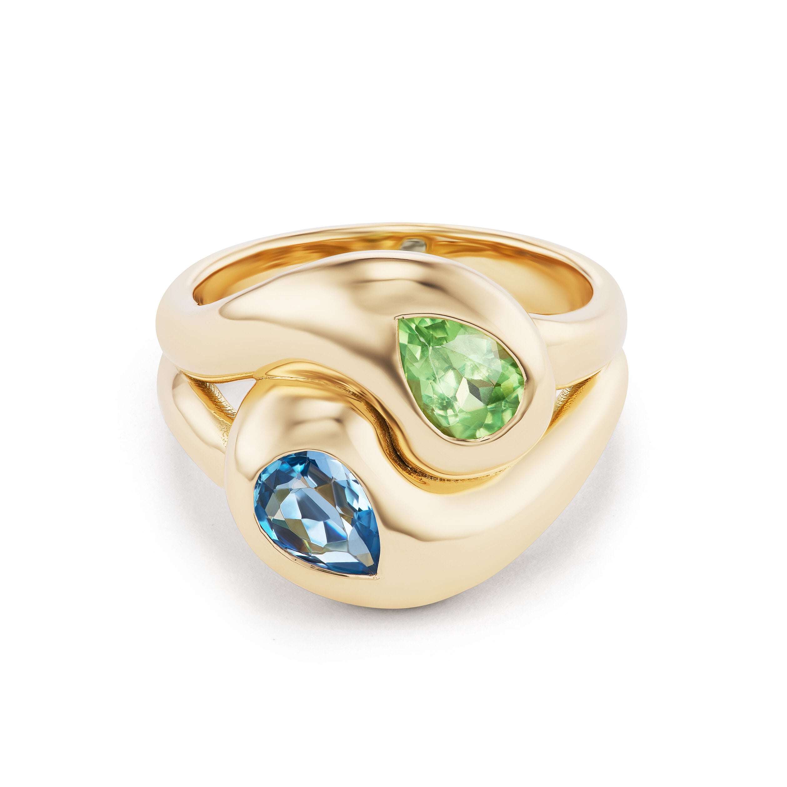 Knot Ring with Aquamarine and Tsavorite Pears