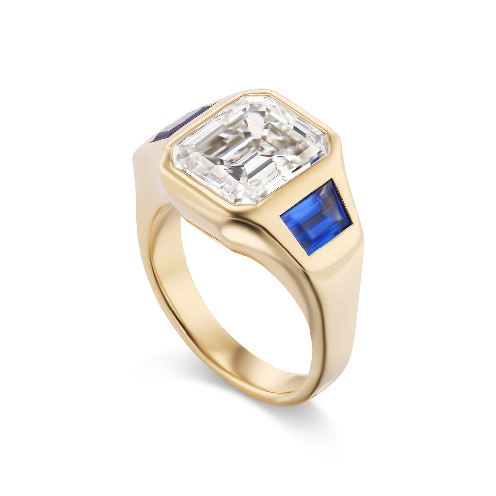 One-of-a-Kind Emerald-Cut Diamond Gypsy with Blue Sapphire Sides