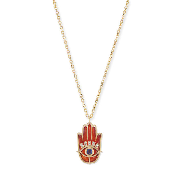 Stone Hamsa Pendant with Colored Stone Eye and Diamond Lashes