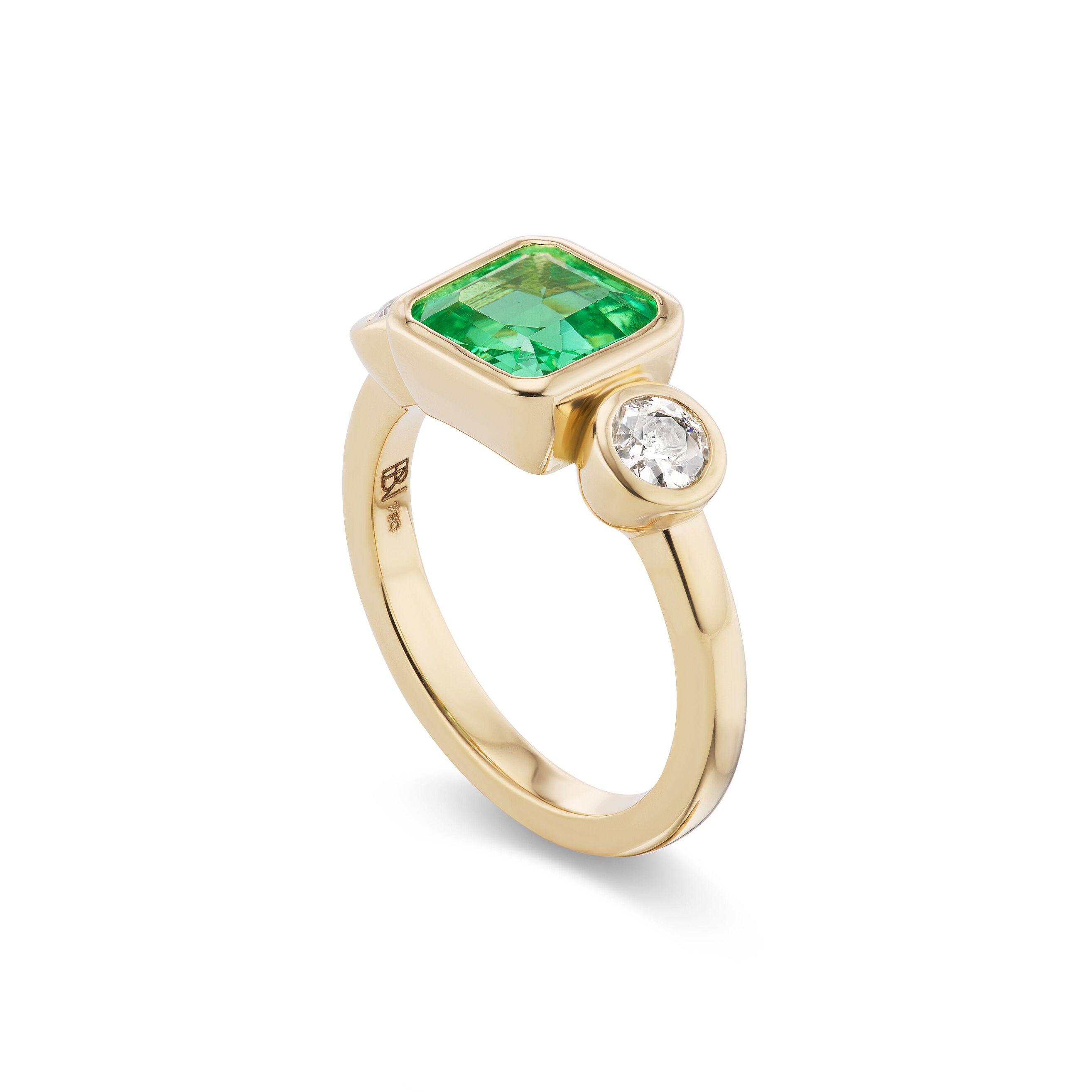 One-of-a-Kind Green Sapphire Pillow Ring with Round Diamond Sides