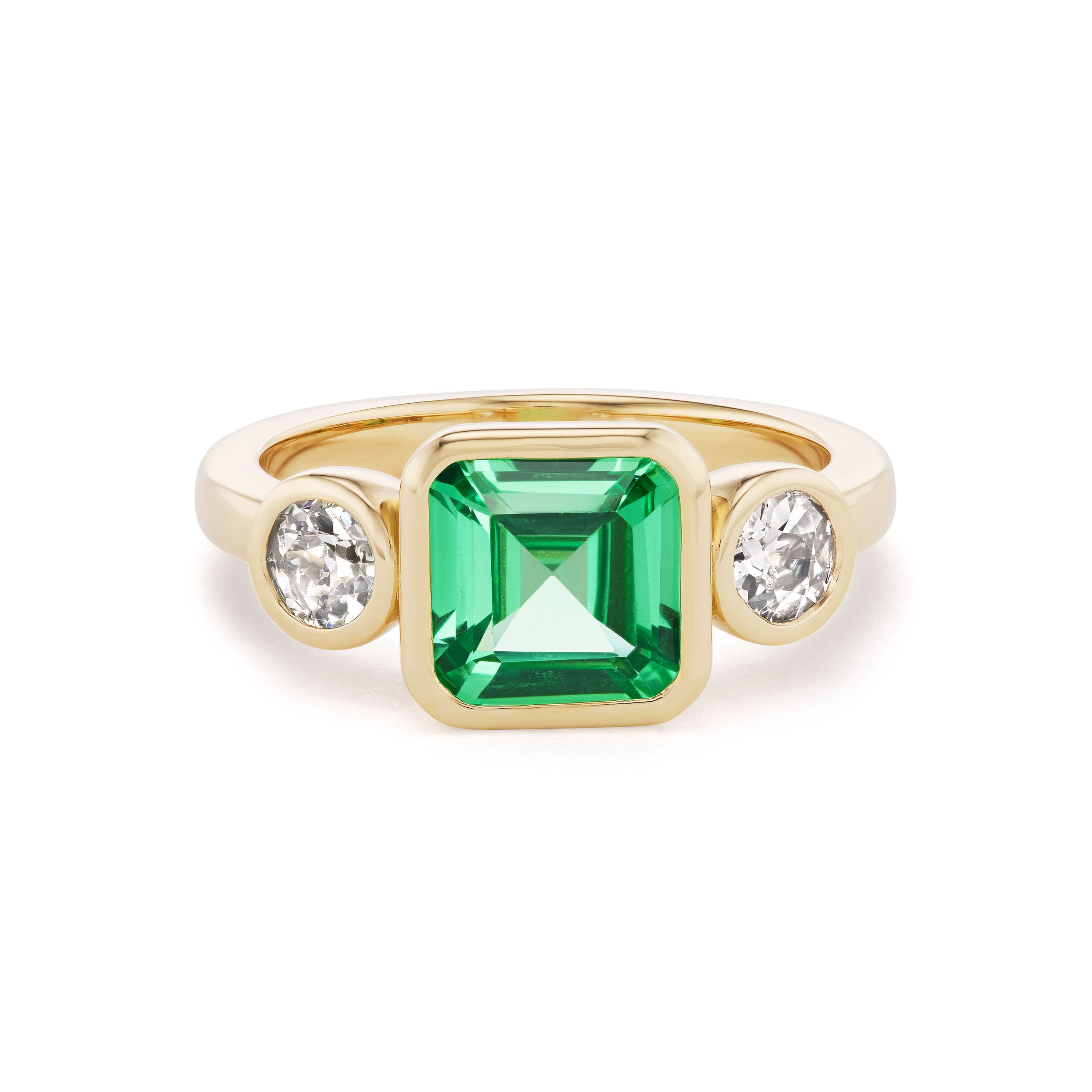 One-of-a-Kind Green Sapphire Pillow Ring with Round Diamond Sides