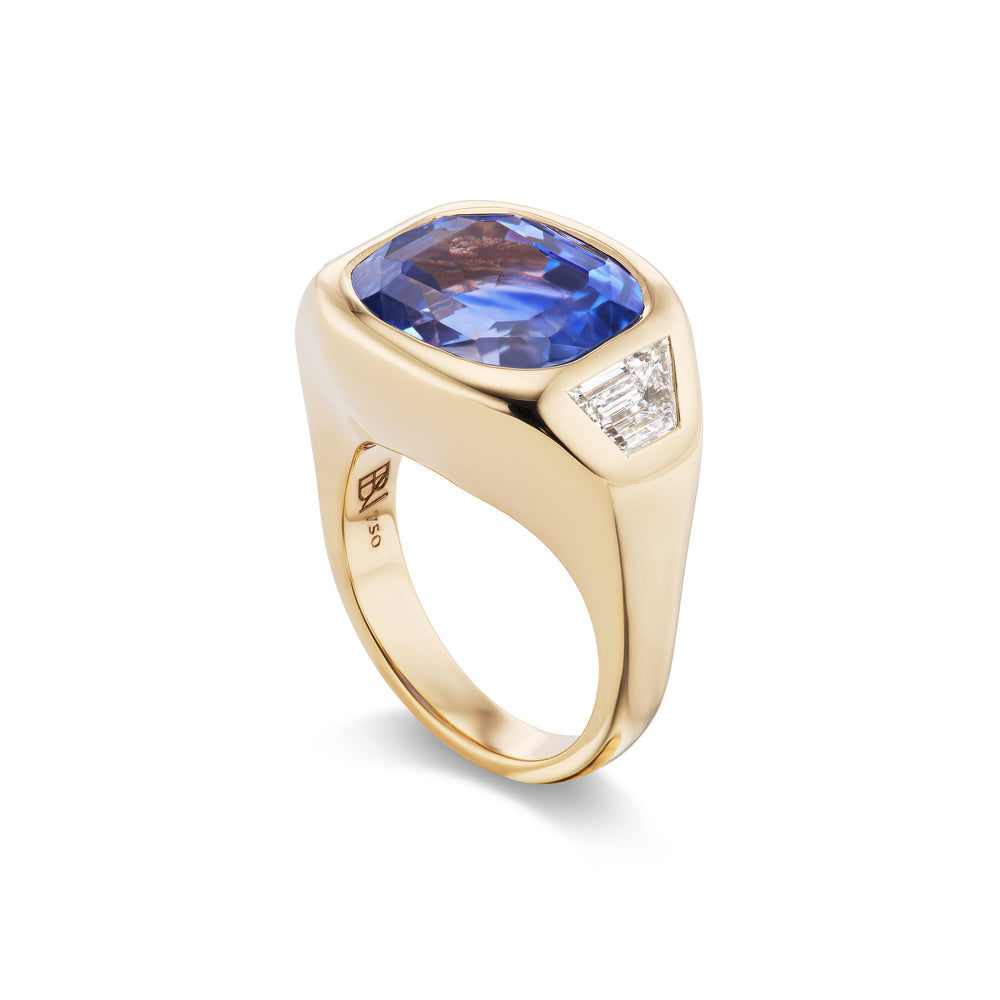 One-of-a-Kind East-West Cushion Blue Sapphire Gypsy Ring with Diamond Trapezoid Sides