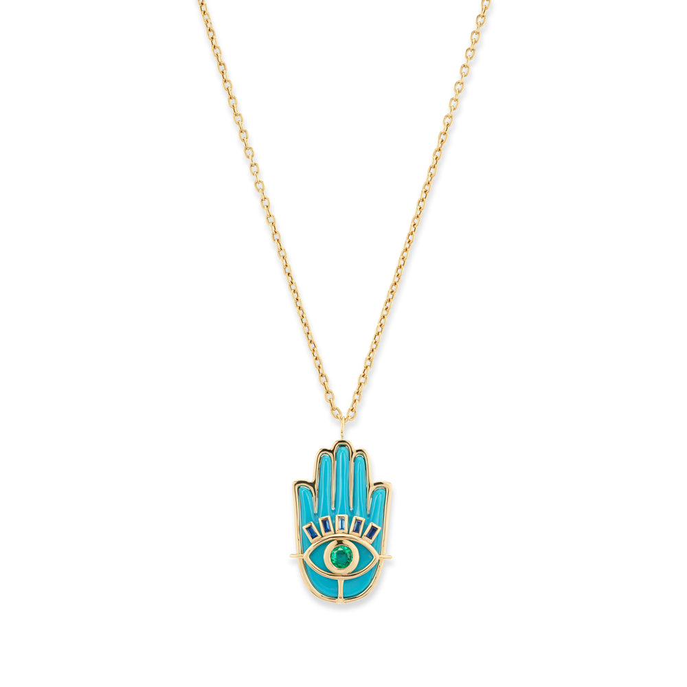 Stone Hamsa Pendant with Colored Stone Eye and Lashes