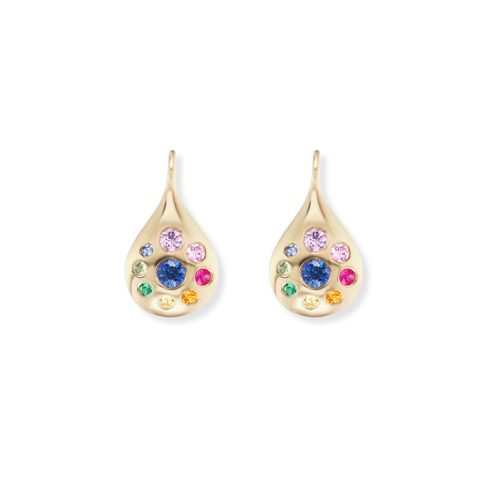 Small Petal Drop Earrings with Rainbow Sapphire & Emerald