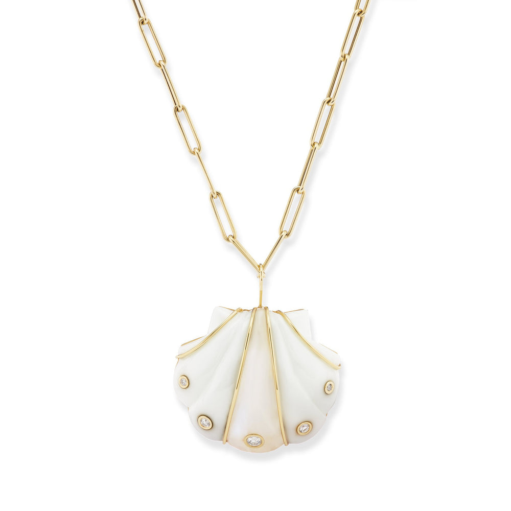 Large Carved White Agate & Moonstone Shell Pendant