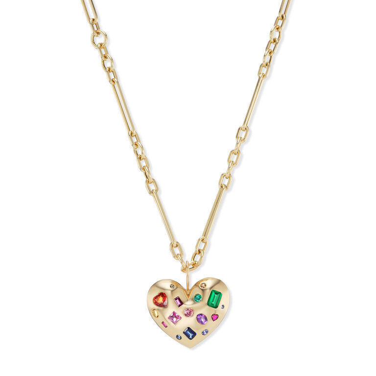 Gold Puff Heart Pendant with Rainbow Stones