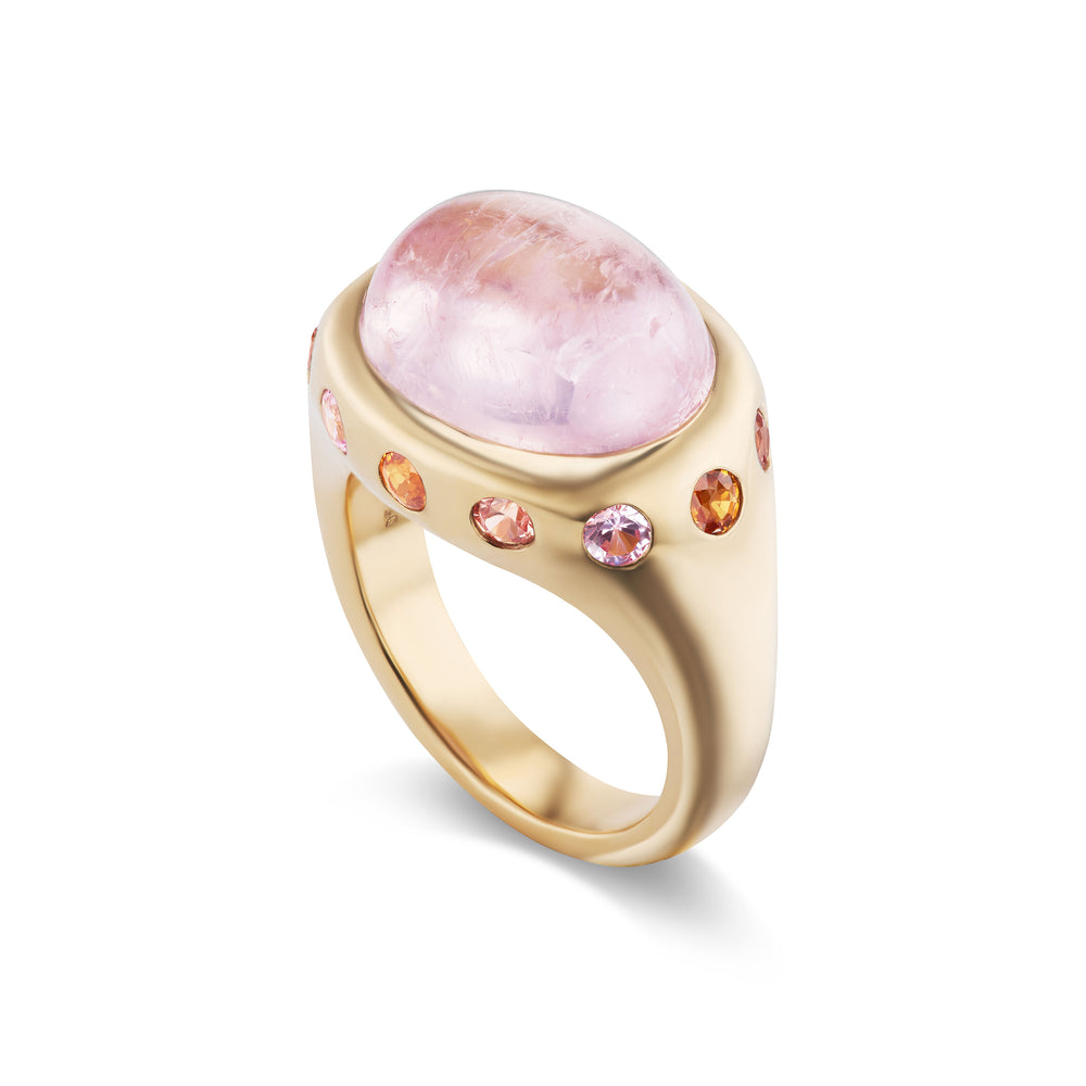 One-of-a-Kind Oval Morganite Crown Ring with Multi-Colored Sapphires