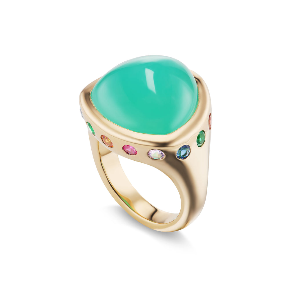 One-of-a-Kind Triangle Chrysoprase Crown Ring with Rainbow Stones
