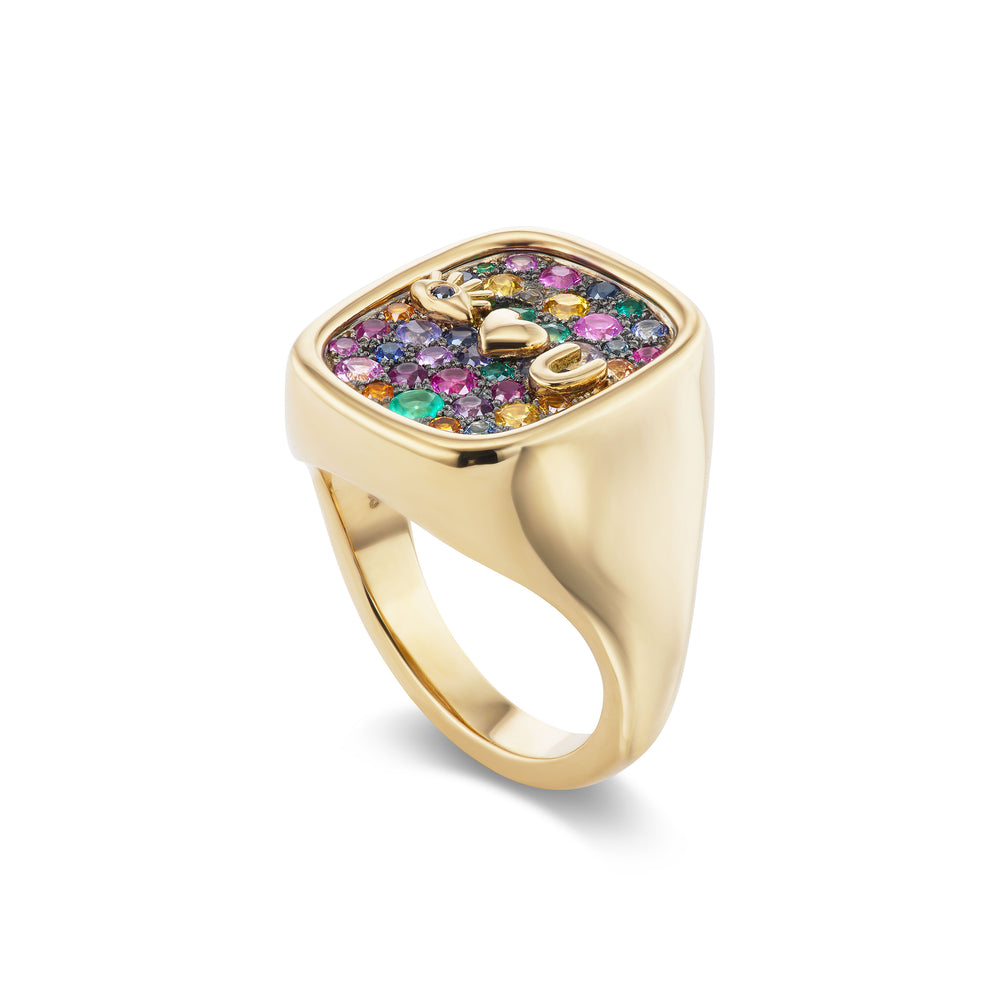 Mini Eye Heart U Rainbow Pave & Rhodium Signet Ring