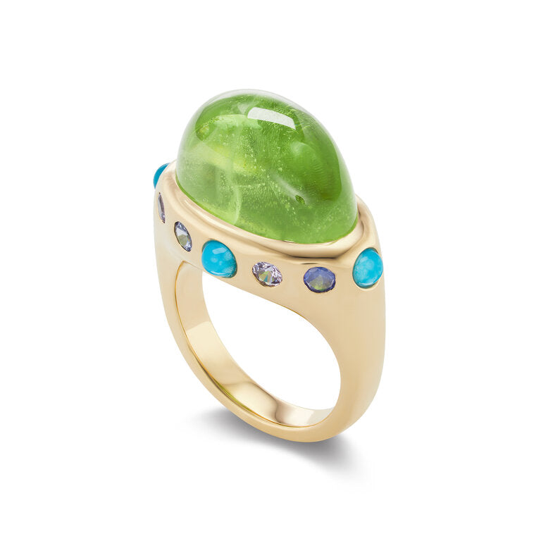 One-of-a-Kind Peridot Crown Ring with Turquoise and Blue Sapphires