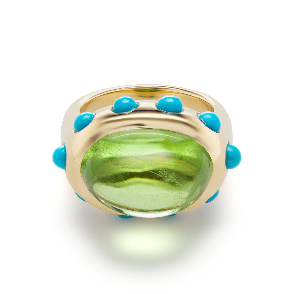 One-of-a-Kind Peridot Crown Ring with Turquoise Cabochons