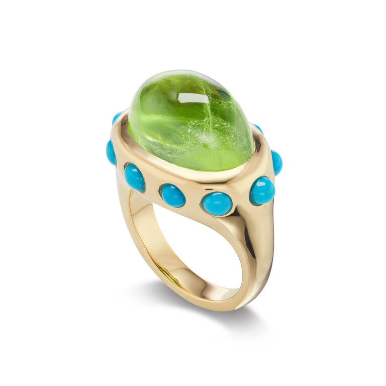 One-of-a-Kind Peridot Crown Ring with Turquoise Cabochons