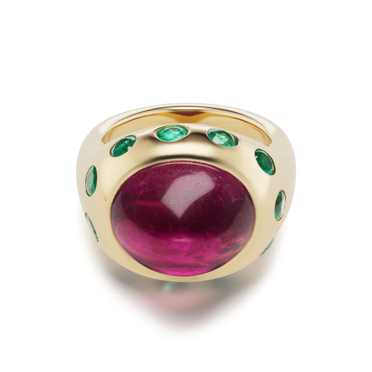 One-of-a-Kind Rubellite Crown Ring with Emeralds