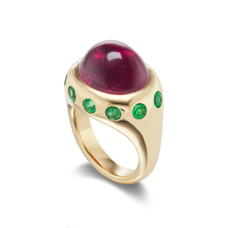 One-of-a-Kind Rubellite Crown Ring with Emeralds