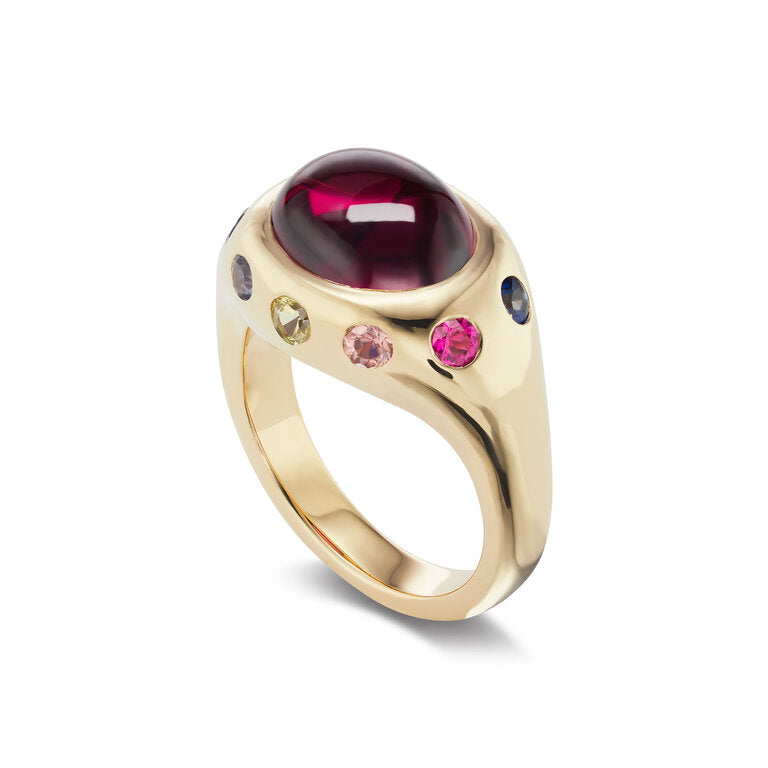 One-of-a-Kind Garnet Crown Ring with Multi-Colored Sapphires