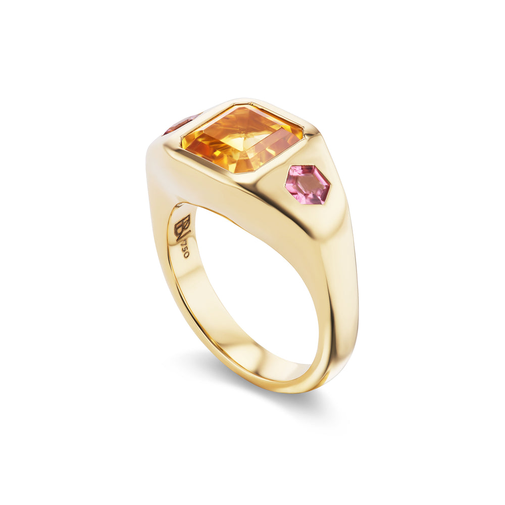 One of-a-Kind Asscher Citrine Gypsy Ring with Hexagon Pink Tourmaline Sides