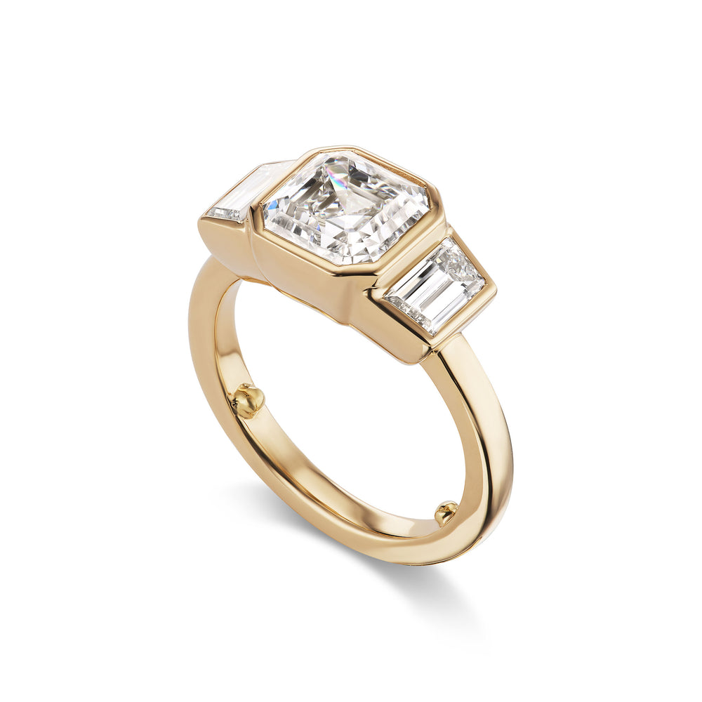 One-of-a-Kind Asscher Diamond Pillow Ring with Trapezoid Diamond Sides