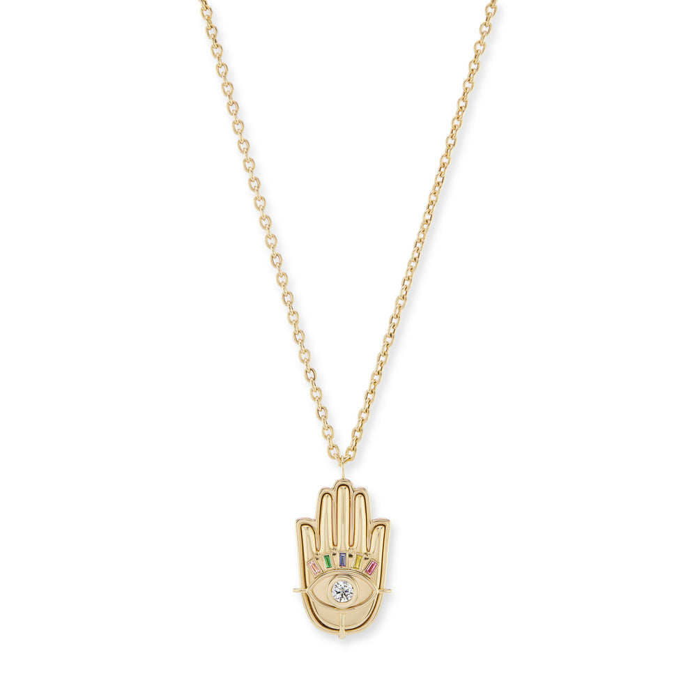 Gold Hamsa Pendant with Diamond Eye and Multi Lashes