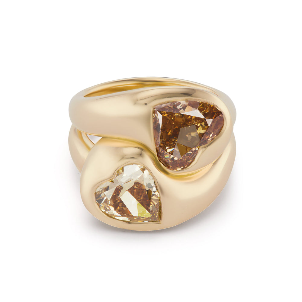 One-of-a-Kind Knot Ring with Champagne Diamond Hearts