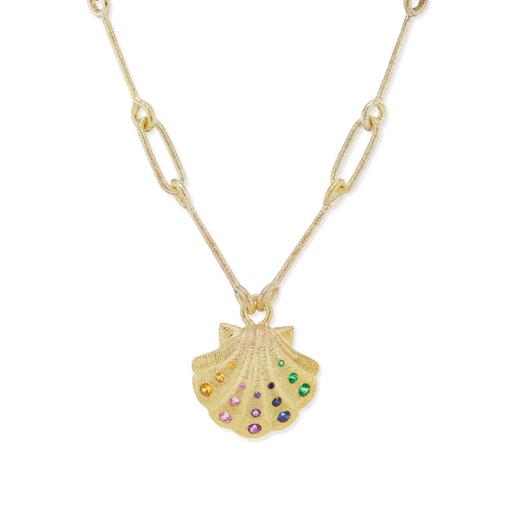 Textured Shell Necklace with Rainbow Stones on Handmade Chain